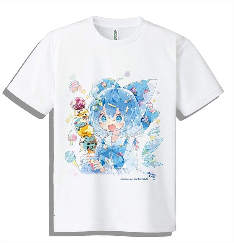 White t-shirt featuring a colorful illustration of a girl enjoying ice cream cones.